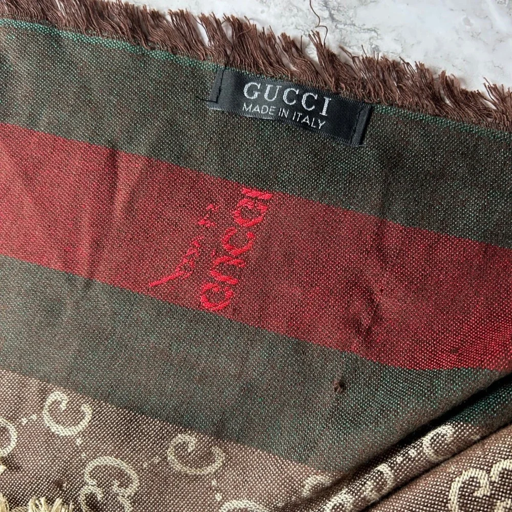 Gucci GG Monogram Web Stripe Scarf Beige Brown Green Red Fringed Made in Italy
